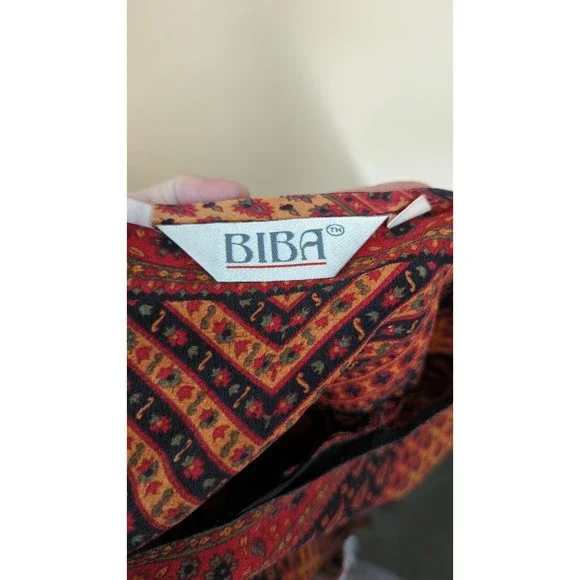 BIBA Vintage Silk Kaftan Top Orange Red Chevron Paisley l/s Bohemian Boho M L - Picture 4 of 5